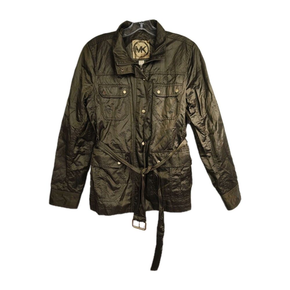 Michael Kors Rain Jacket Women's M Olive Green Belted Full Zip Pockets